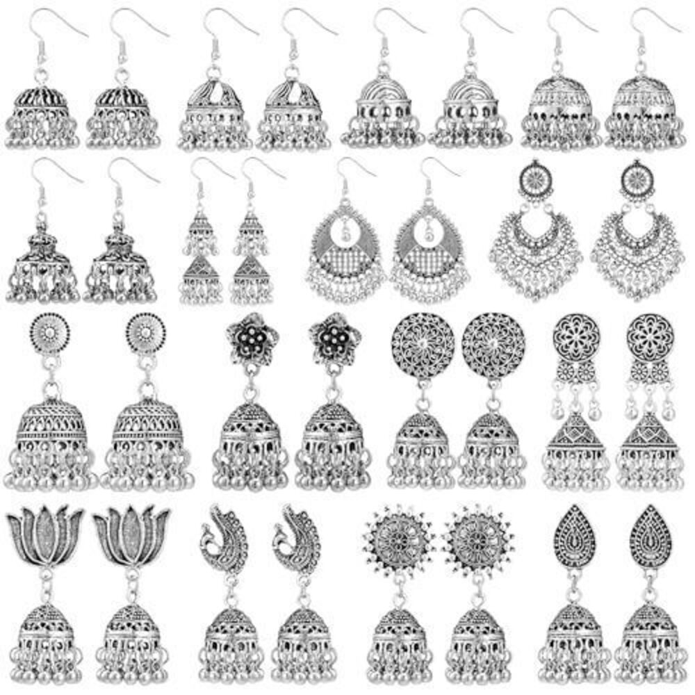 5391 16 Pairs Jhumkas Indian Earrings Vintage Jhumka Bell Hoop Dangle
